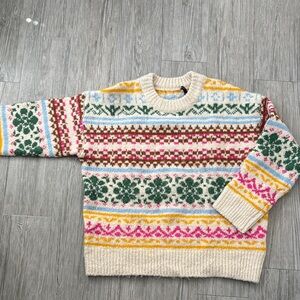 Zara Cream Fair Isle Crewneck Sweater with Green, Pink & Yellow Accents